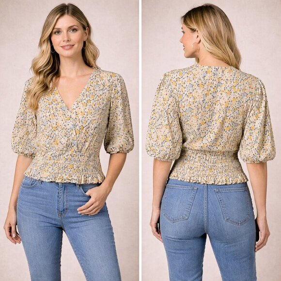 Sim & Sam Tops - Sim and Sam floral v-neck, smocked waist, cropped, elbow sleeve blouse XL